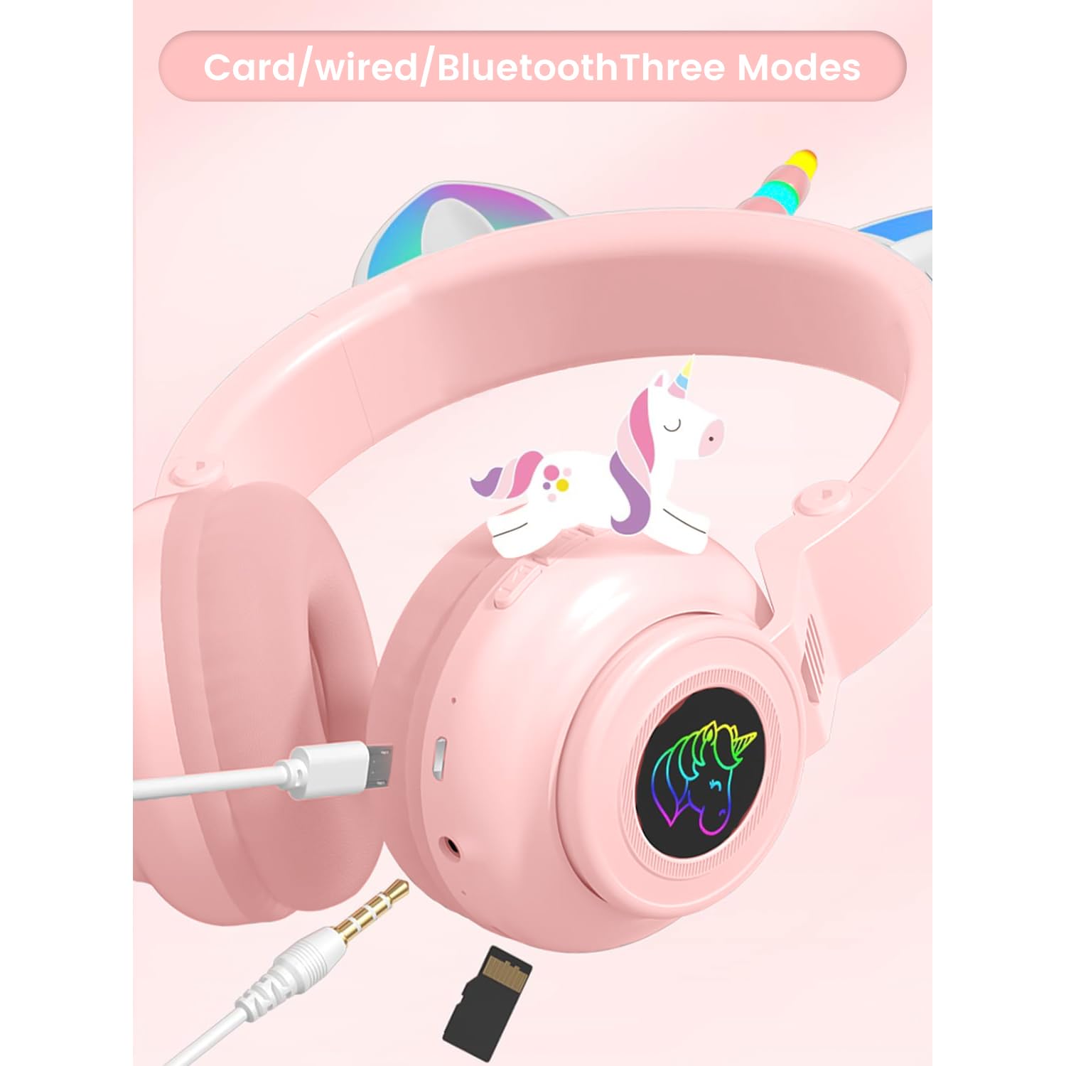 Cuffie Bluetooth per bambini, pieghevoli, senza fili, con cavo e microfono, controllo del volume, design ispirato all'unicorno, regalo di compleanno e Natale (rosa)