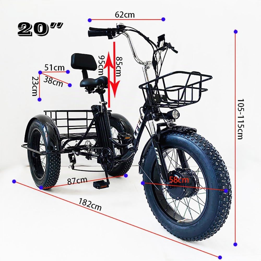 Vélo Pliant À Trois Roues pour Adultes,Batterie 48V 13Ah,Pneus Larges 20X4,7 Vitesses,Phare LED,Tableau De Bord,Grand Panier,Freins À Disque Doubles,Vélo Tout-Terrain pour Seniors