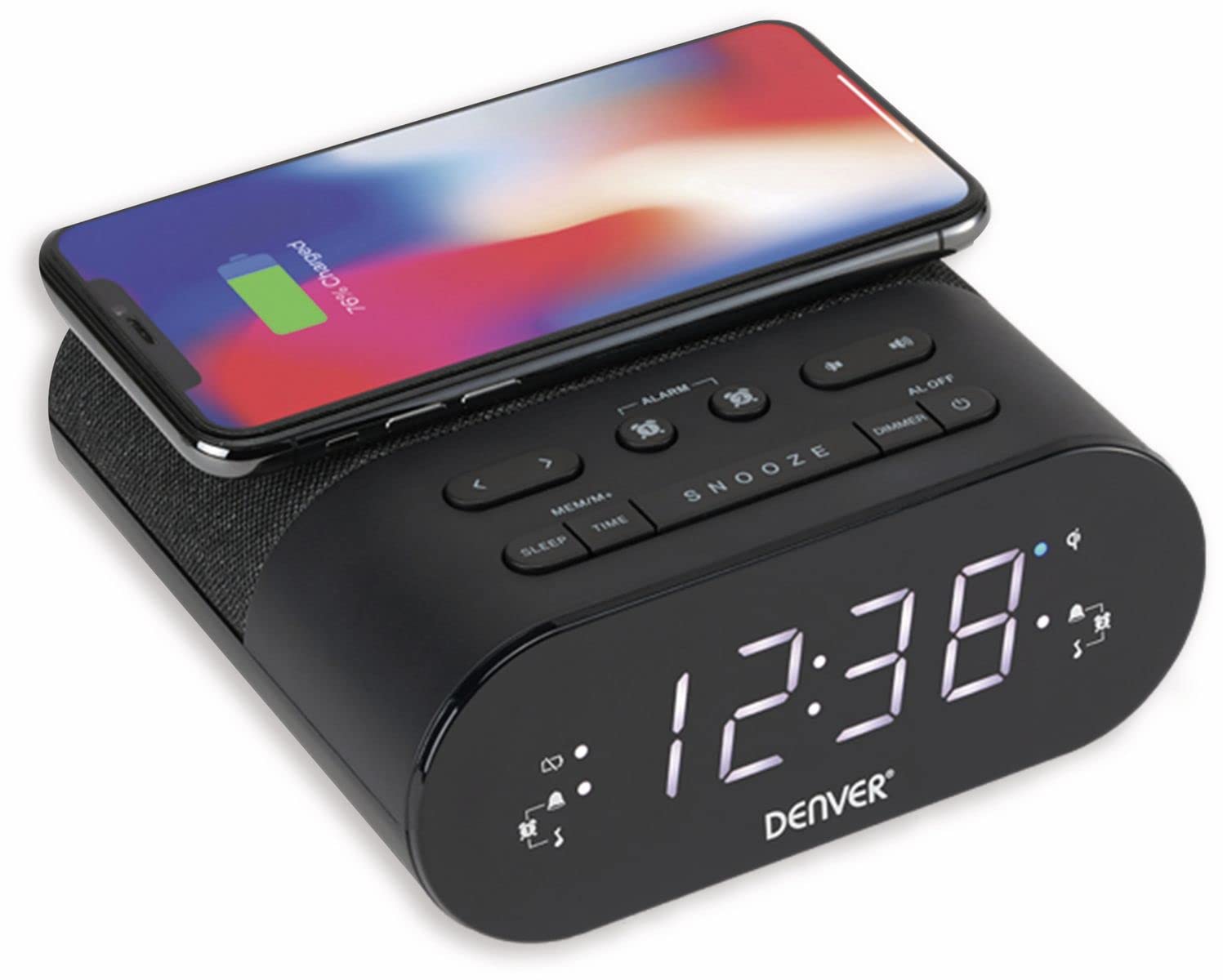 Denver CRQ-107 Radio Despertador FM con Carga inalámbrica Qi, USB de Carga, Doble Alarma, Pantalla LED 0,9”, Snooze y Sleep