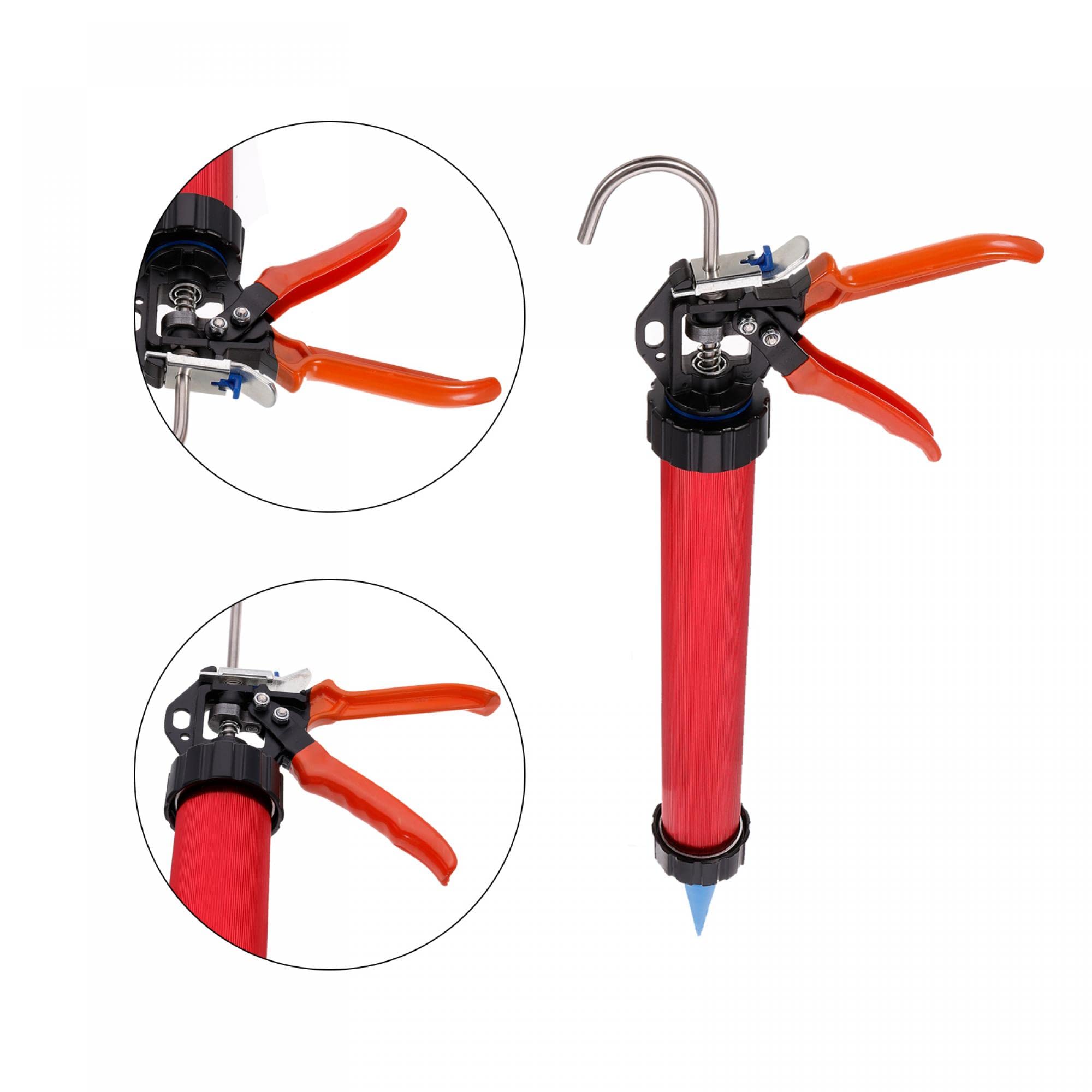 sourcing map Manual Salchicha Calafateo Pistola, 54,5 cm Inoxidable Acero Sellador Cartucho Tubo Calafateo Aplicador 600ml, 12:1 Empuje Relación con Conos Boquillas, Electroforético Rojo