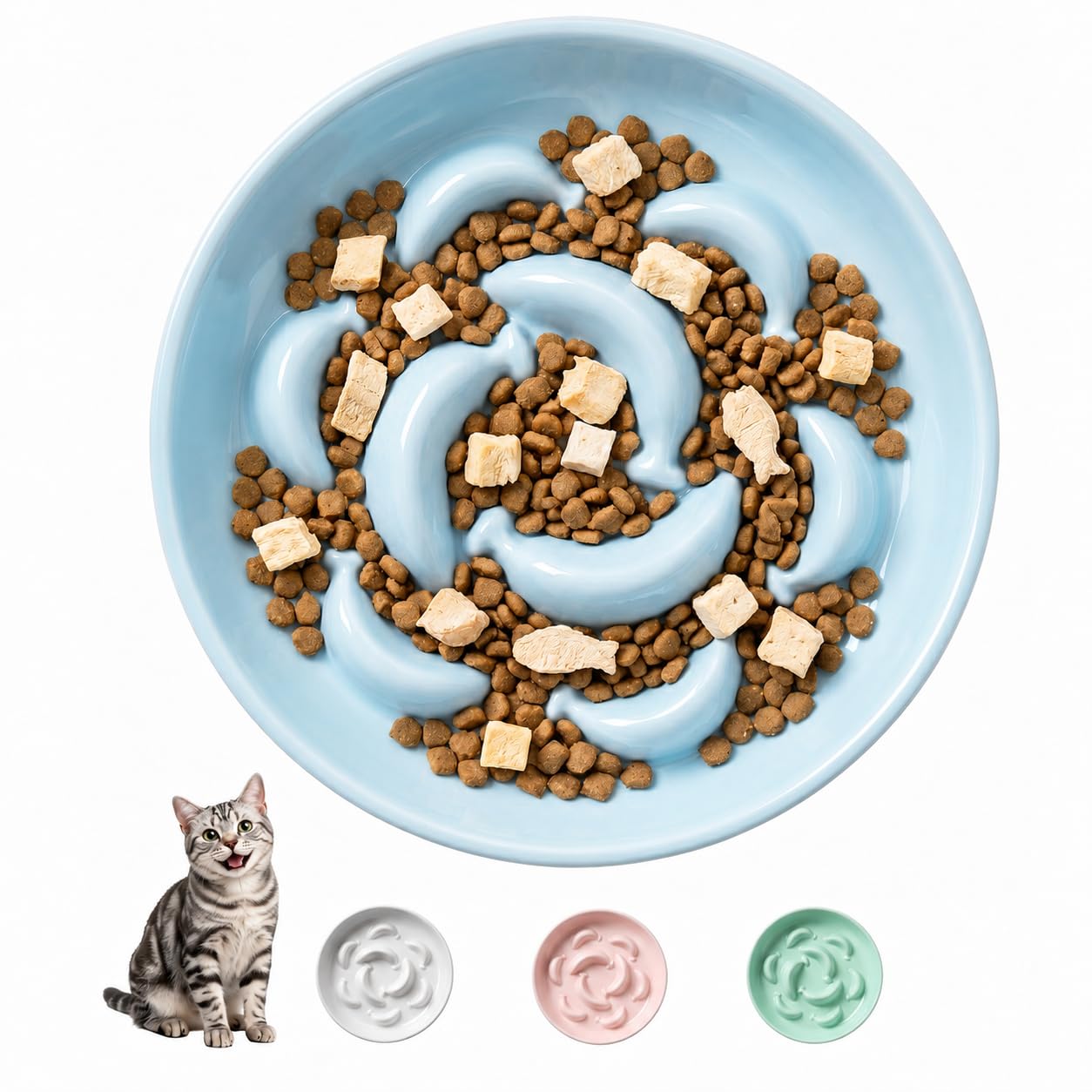 Ceramic Cat Slow Feeder Bowl - Pastel Series Cat Plate for Dry and Wet Food - Cute Maze Feeder Dish for Healthy Eating - Dishwasher Safe - 6.3''W x 1.2''H - 7 OZ - Pale Blue โ image 1