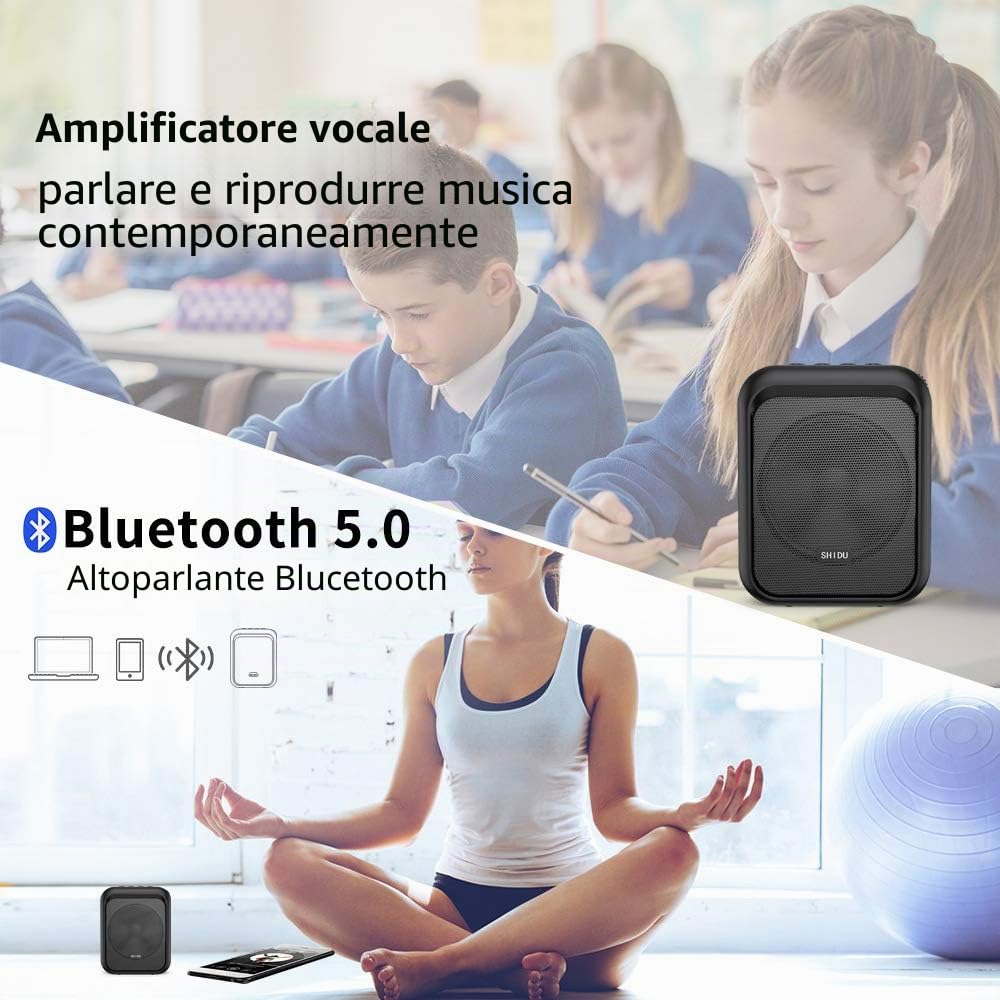 Mini amplificatore vocale SHIDU Altoparlante portatile Bluetooth con microfono wireless UHF Cuffia 10W 1800mAh Sistema PA Supporta audio in formato MP3 per insegnanti,canto,allenatori,guida turistica