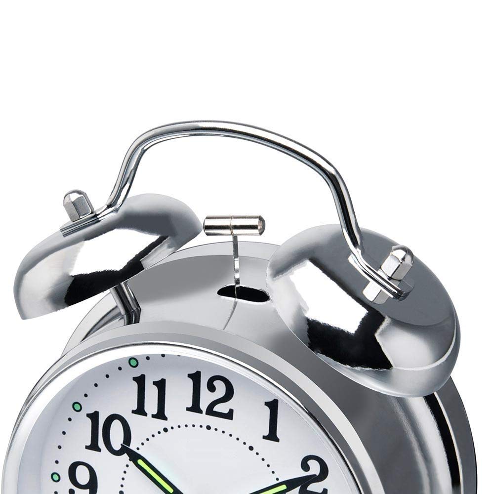 Metal Vintage Look Twin Bell Table Alarm for Heavy Sleepers Wind-Up Clock with Night Led Light Upgraded Version (Silver Alarm Twin Bell) — Amazon image 5