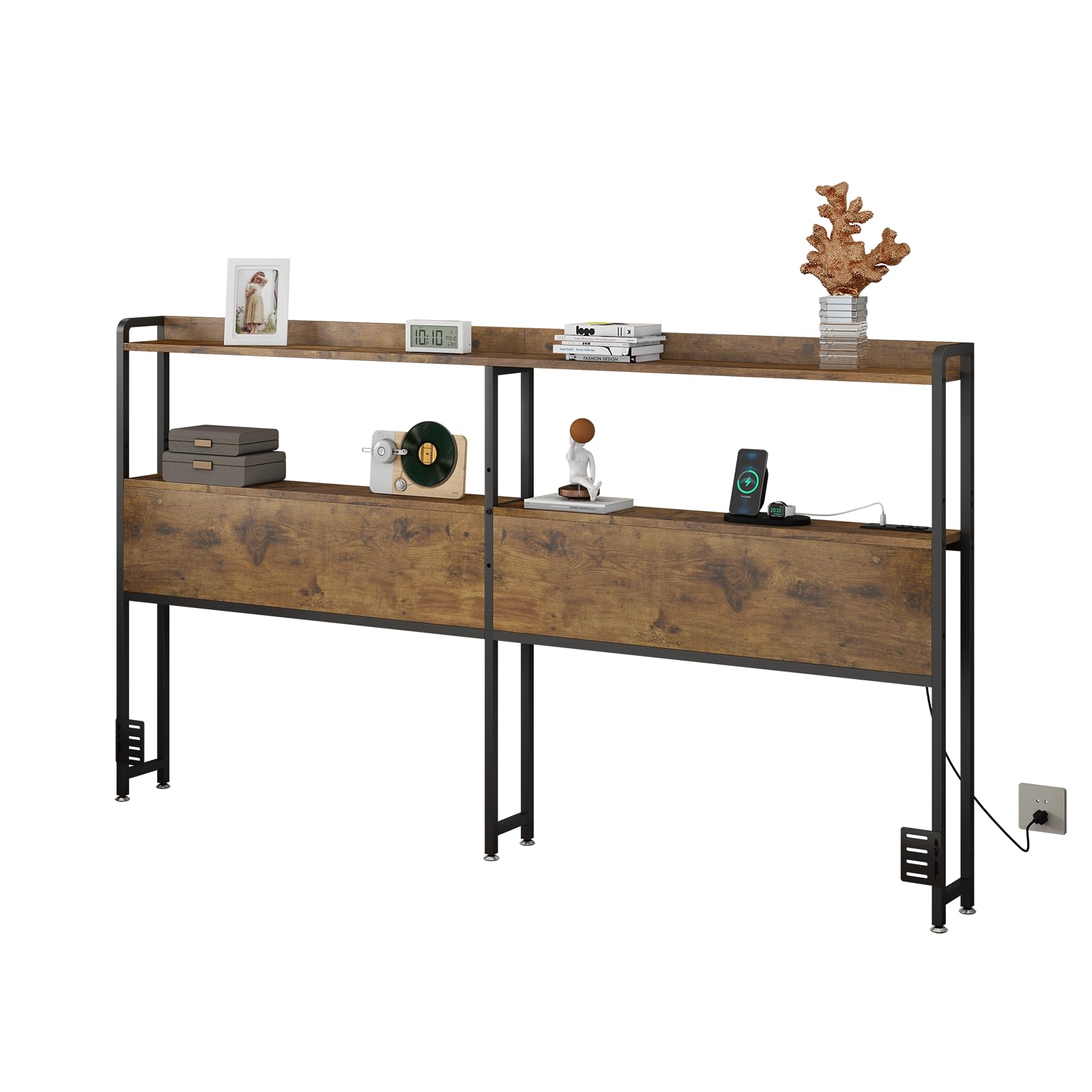 Cabecera ajustable tamaño King con tomas, puertos USB, tipo C, luces LED y almacenamiento, color marrón rústico, cabecera resistente para mayor comodidad y funcionalidad, tamaño King 9