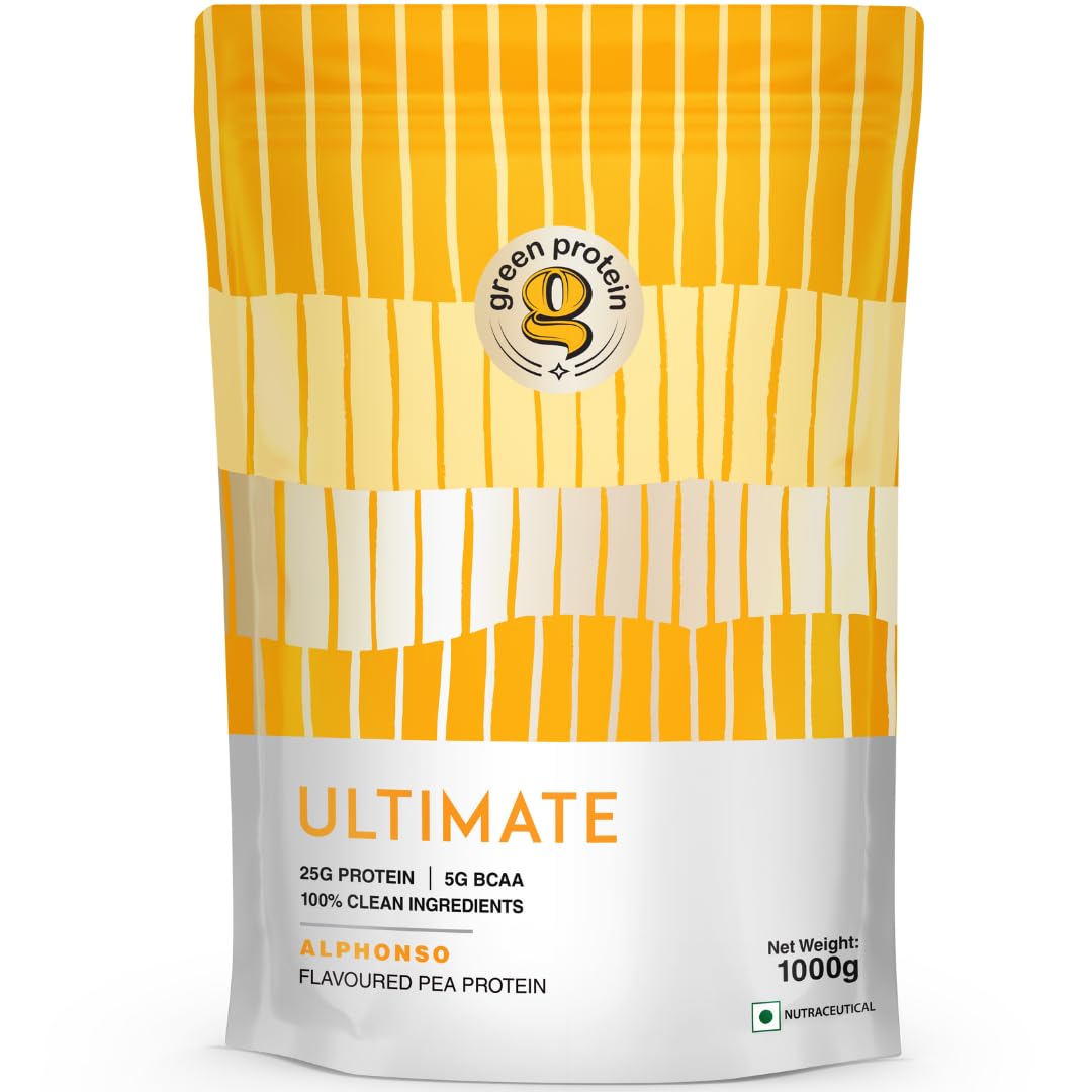 GREEN PROTEIN Ultimate Plant Protein Isolate Powder 25gm Protein, 5g BCAA Per Serving, No Added Sugar | Only Natural Colours and Flavours, Fortified with 17 Vitamins & Minerals | Alphonso Flavor (1kg)