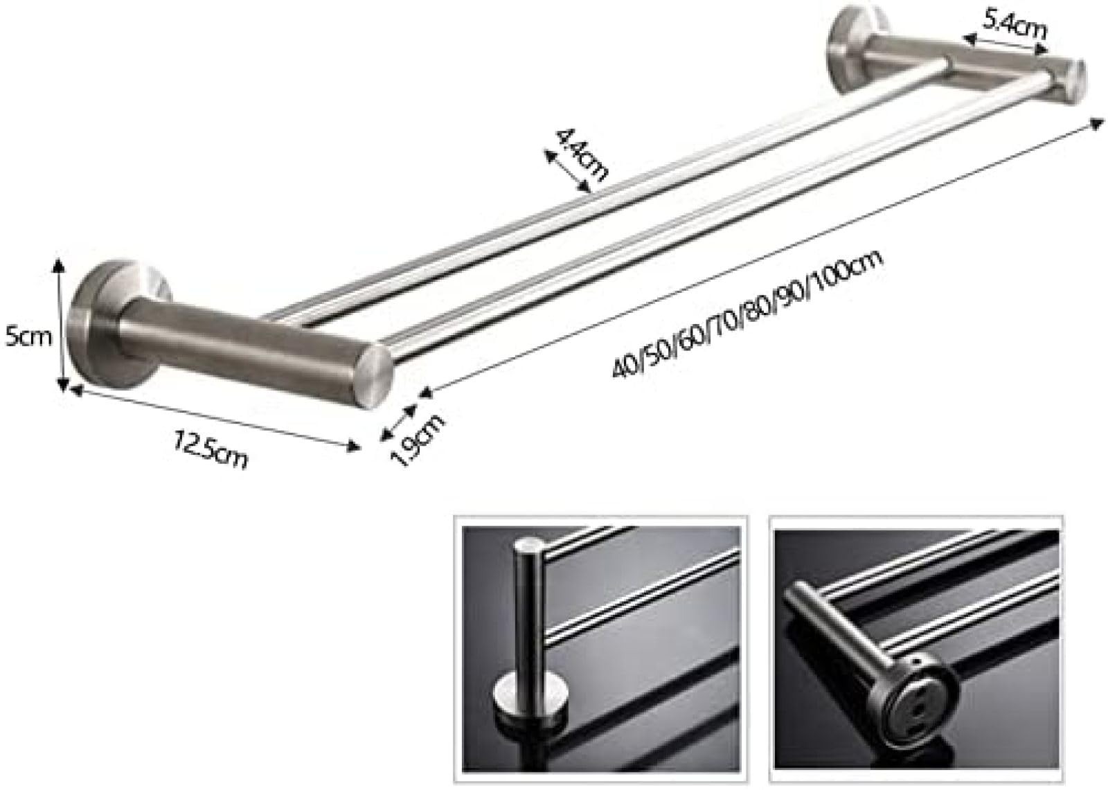 Portasciugamani Doppio In Acciaio Inox Spazzolato Da Parete 100cm - Modello Lungo Per Bagno E Cucina