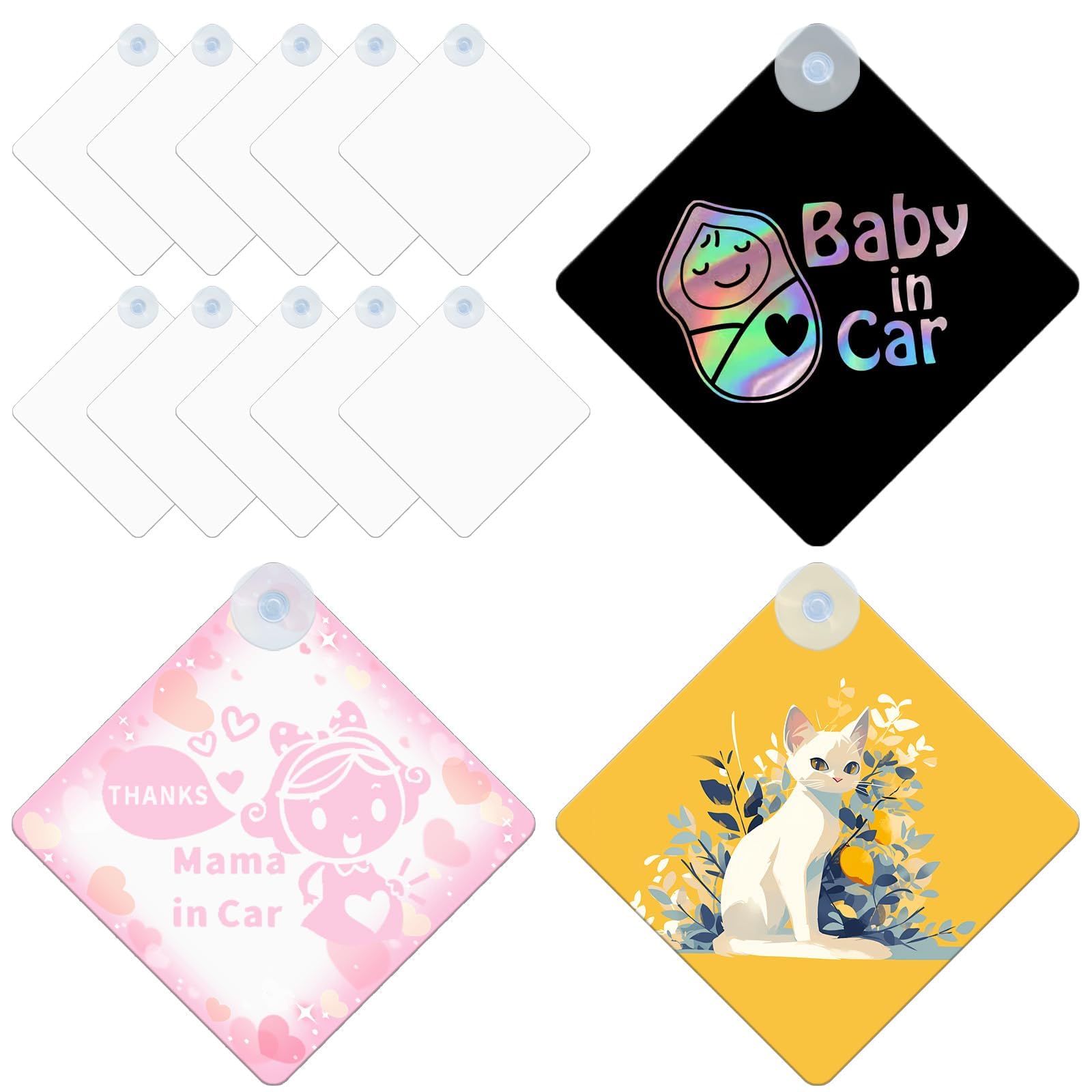 10Pcs Metal Sublimation Sign With Removable Magnet and Suction Cup - Ornament Blanks for Heat Transfer Home Window Wall Decoration
