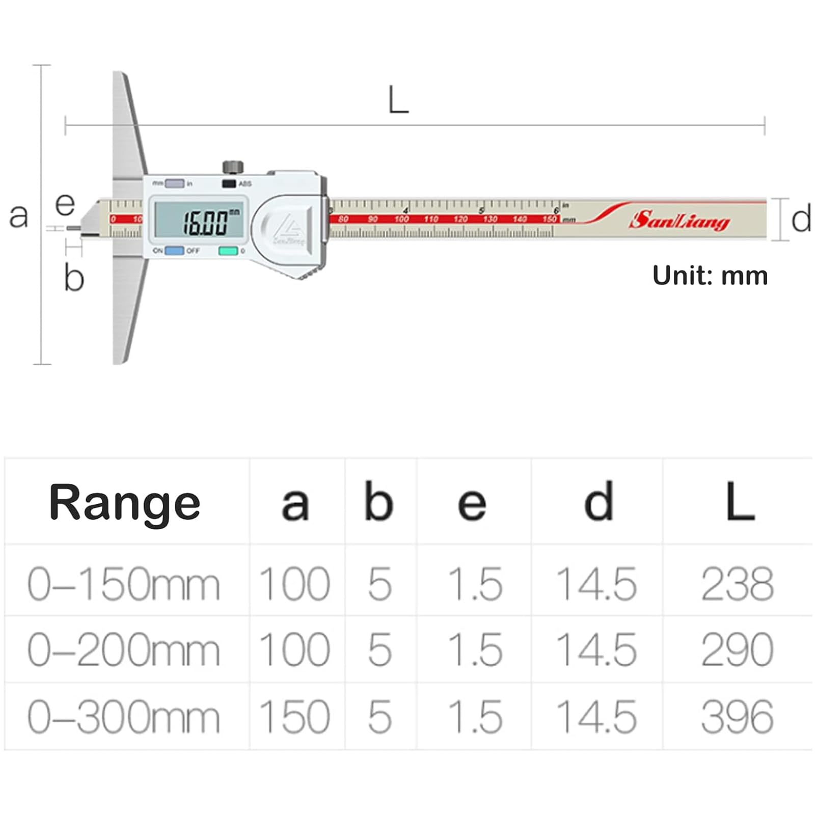 0-300mm Digital Tiefenmessschieber mit Messstift, 0,01 mm hochgenauer Edelstahl digitaler Tiefenmessschieber mit mm/Zoll-Messsystem, Tiefenmess-Messschieber Messwerkzeug (0-300mm)