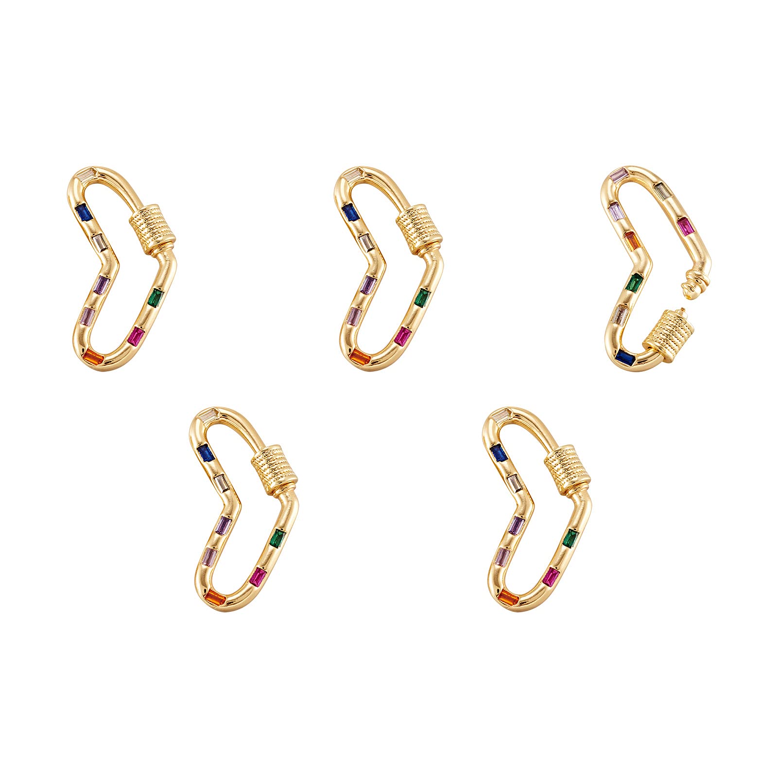 Craftdady 5Pcs Cubic Zirconia Screw Carabiner Lock Charms Real Gold Plated Heart Connector Clasp Clip Colorful Rhinstone for Jewellery Making