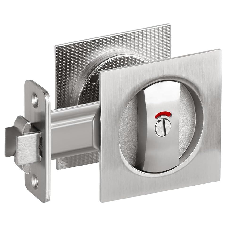 Joselin Silver Sliding Door Lock With Indicator Light, Square Privacy Pocket Latch, Barn Door Lock, Sliding Door Hardware