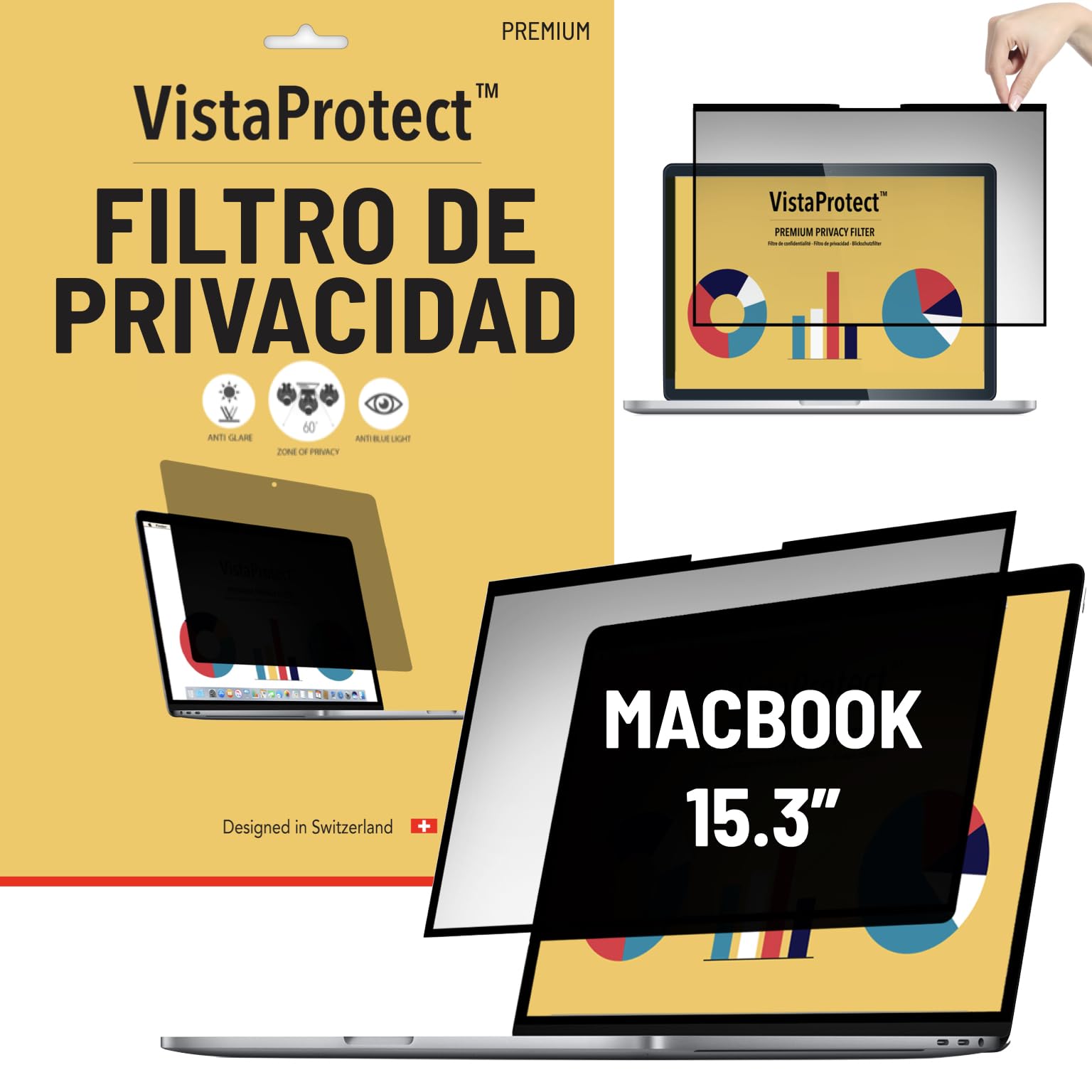 VistaProtect - Filtro de Privacidad Premium y Filtro Anti-Luz Azul. Protector de Pantalla Magnético. Compatible con Apple MacBook Air 15 M1/M3/M4/M5 (15.3" - 2022+)
