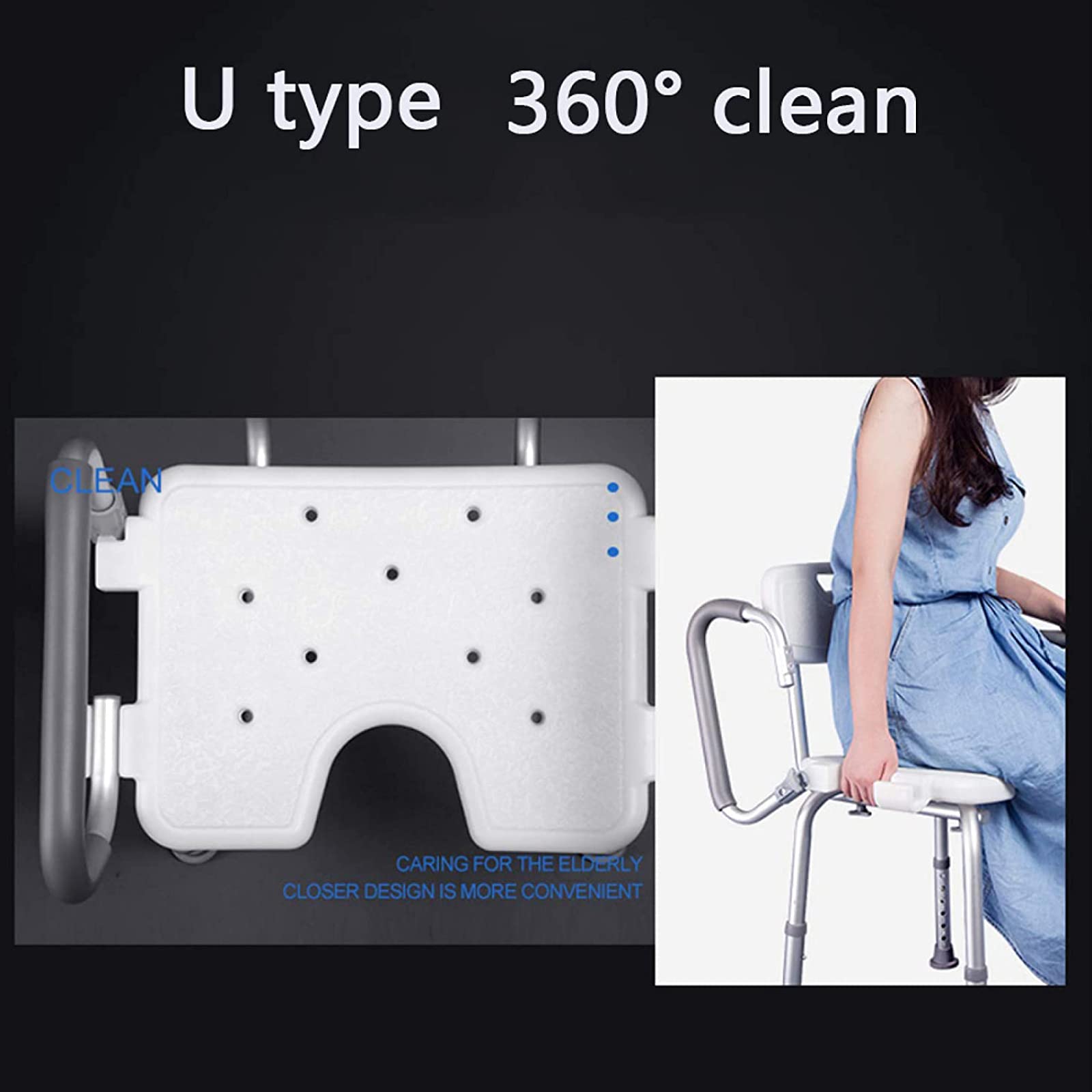 Silla De Baño para Ancianos,Taburete De Ducha Ajustable con Respaldo, Reposabrazos Reversible Tipo Banco De Baño Tipo U, Pies De Ventosa Antideslizantes，para Minusválidos