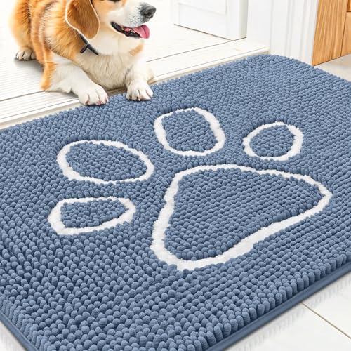 Image of Smiry Dog Door Mat for Muddy Paws, Absorbent Dirt Trapper Non Slip Quick Dry Washable Chenille Mat for Mud Dogs, Entry Rug for Indoor and Outdoor (30x20 Inches, Airy Blue and White)