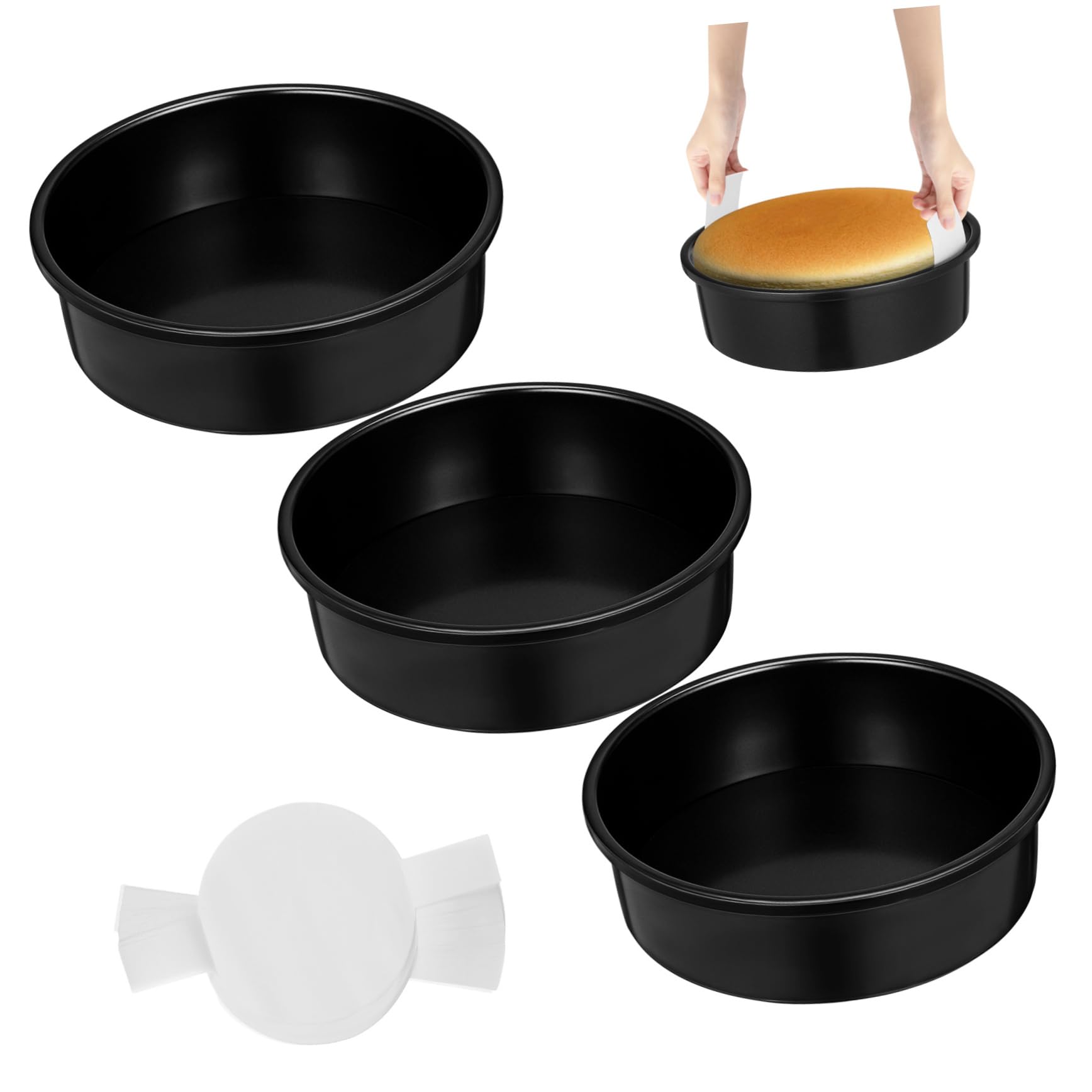 POPETPOP Juego de 3 Moldes Redondos para Pasteles, 8 Pulgadas, Acero al Carbono Negro, Antiadherente, con 100 Hojas de Papel Pergamino para Repostería