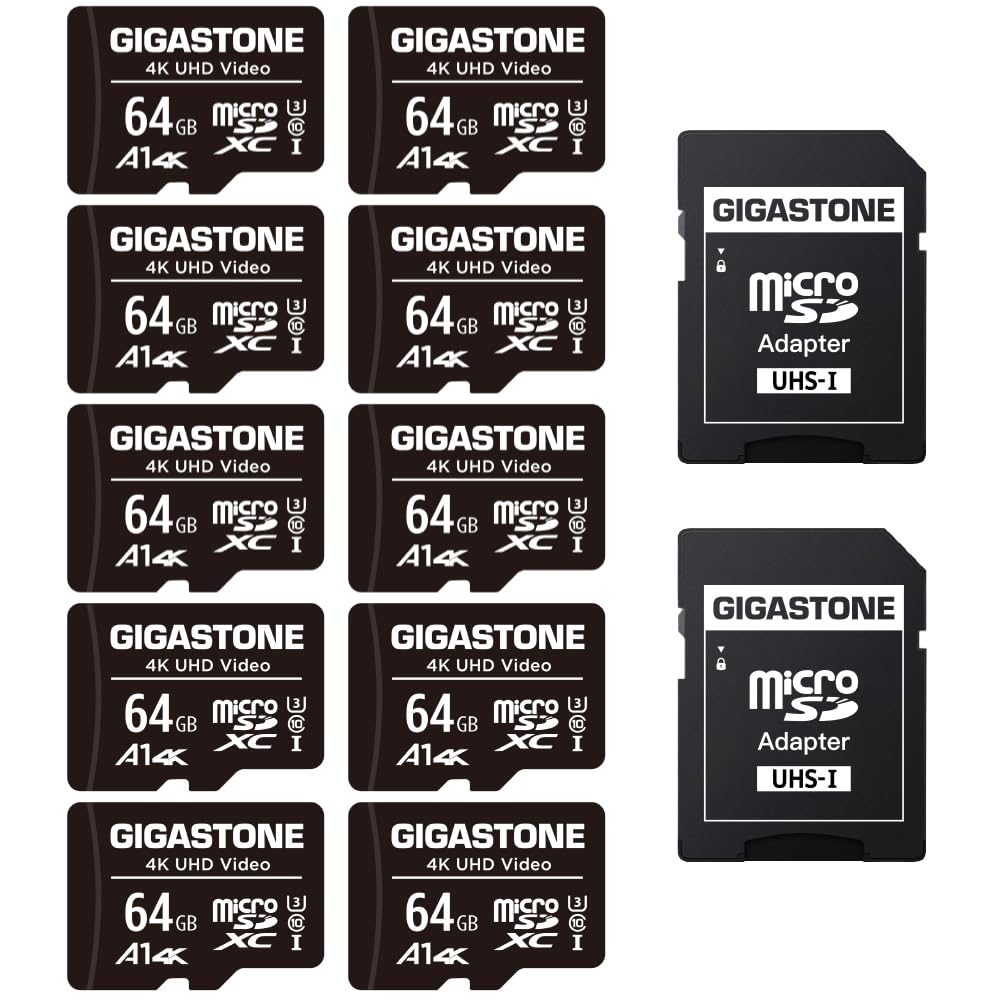 [Gigastone] 64GB Micro SD Card 10 Pack, 4K UHD Video, Surveillance Security Cam Action Camera Drone Professional, 90MB/s Micro SDXC UHS-I A1 Class 10, with Adapter