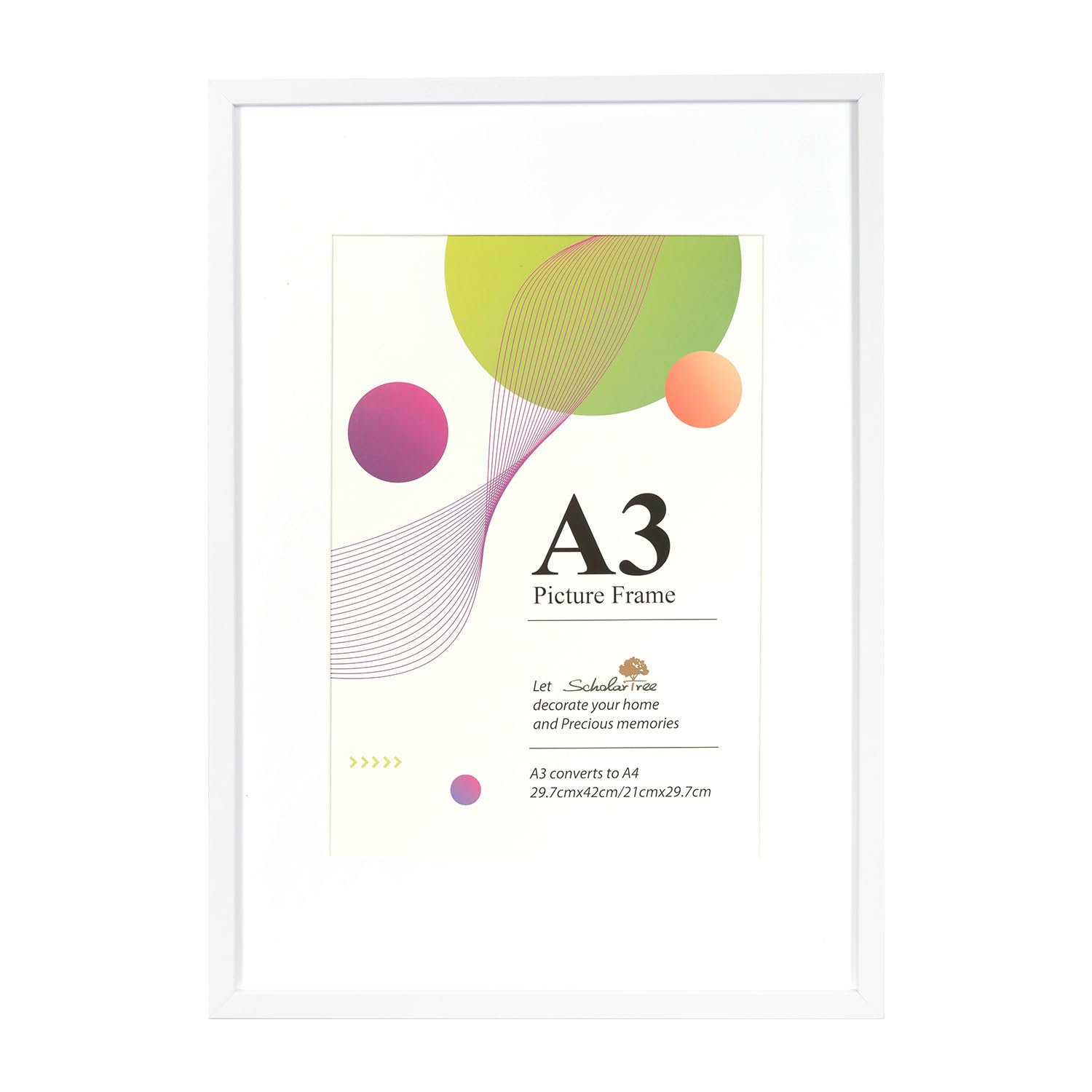 Scholar Tree A3 Frame - 1 Pack A3 White Frame, White Picture Frames 29.7 x 42 cm, Wooden Photo Frames with A4 Mount, A3 Picture Frames with Wall Hanging