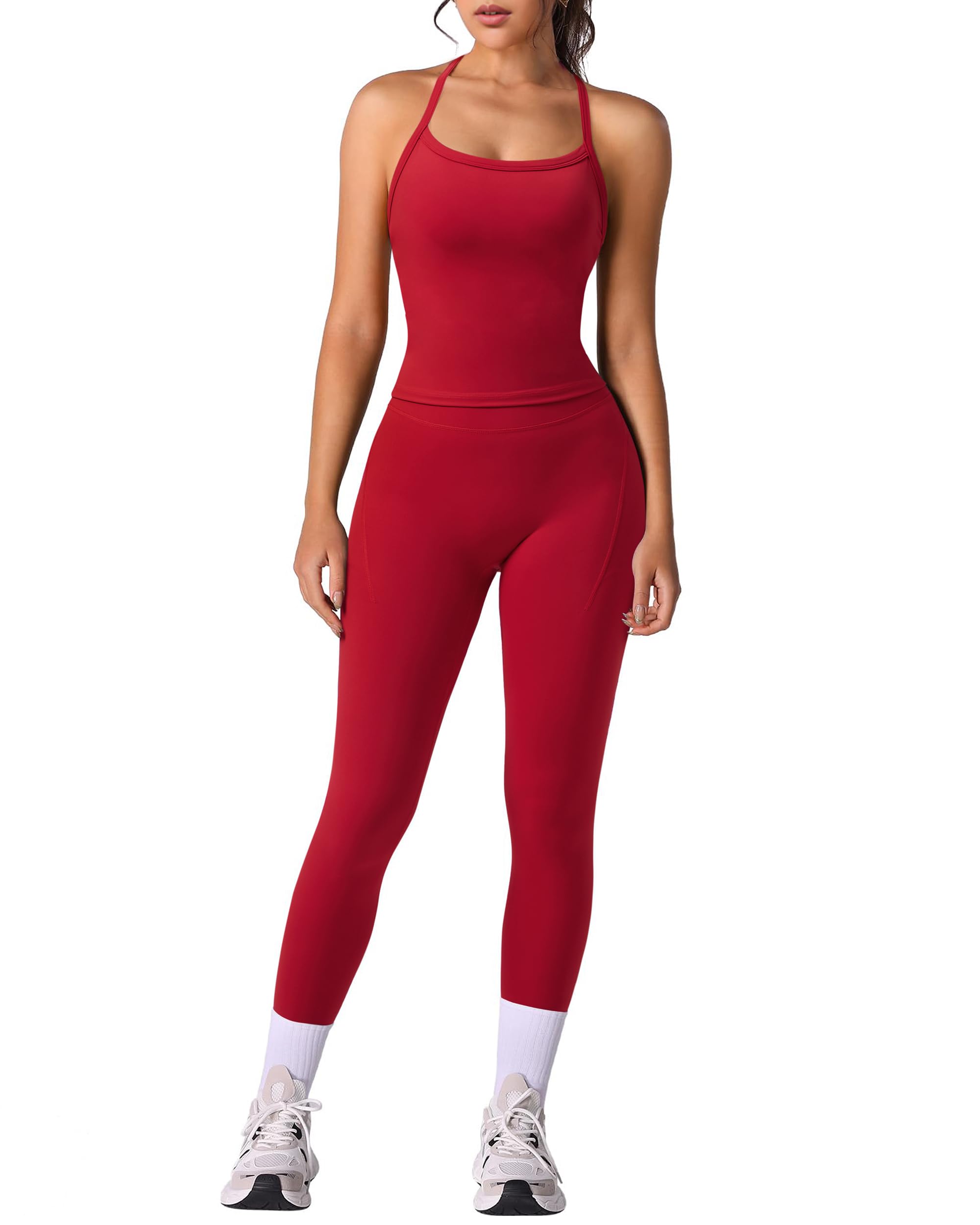 DOULAFASS Conjunto de camiseta deportiva para mujer, con espalda descubierta, leggings de levantamiento de glúteos, juego de entrenamiento de dos piezas con bolsillos