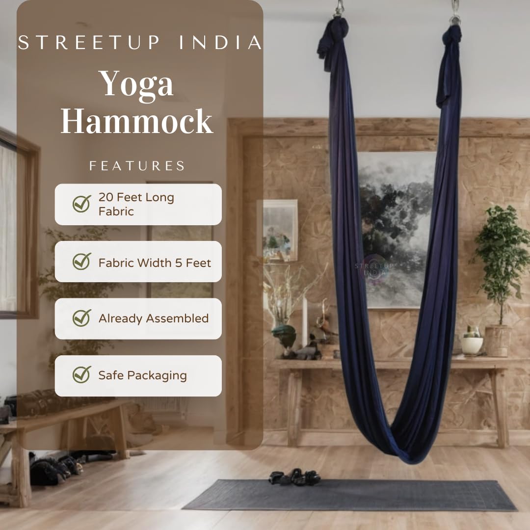 Streetup India® Lycra Fabric Aerial Swing/Yoga Hammock With 20 Feet Long Fabric With Carabiner Neavy Blue 1