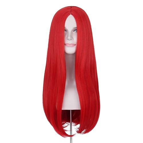 Miniatura 9 de Peluca roja de disfraz para mujer, 26 pulgadas de largo, lacio, peluca de pelo rojo, parte media, pelucas sintéticas de Halloween Cosplay