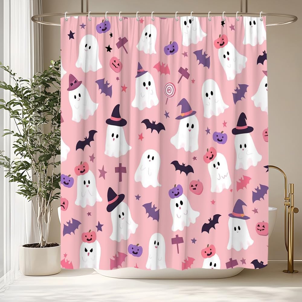 Ghost Shower Curtain Cute Boho Abstract Spooky Halloween Funny Cartoon Ghosts Polyester Fabric Bathroom Decor Curtain
