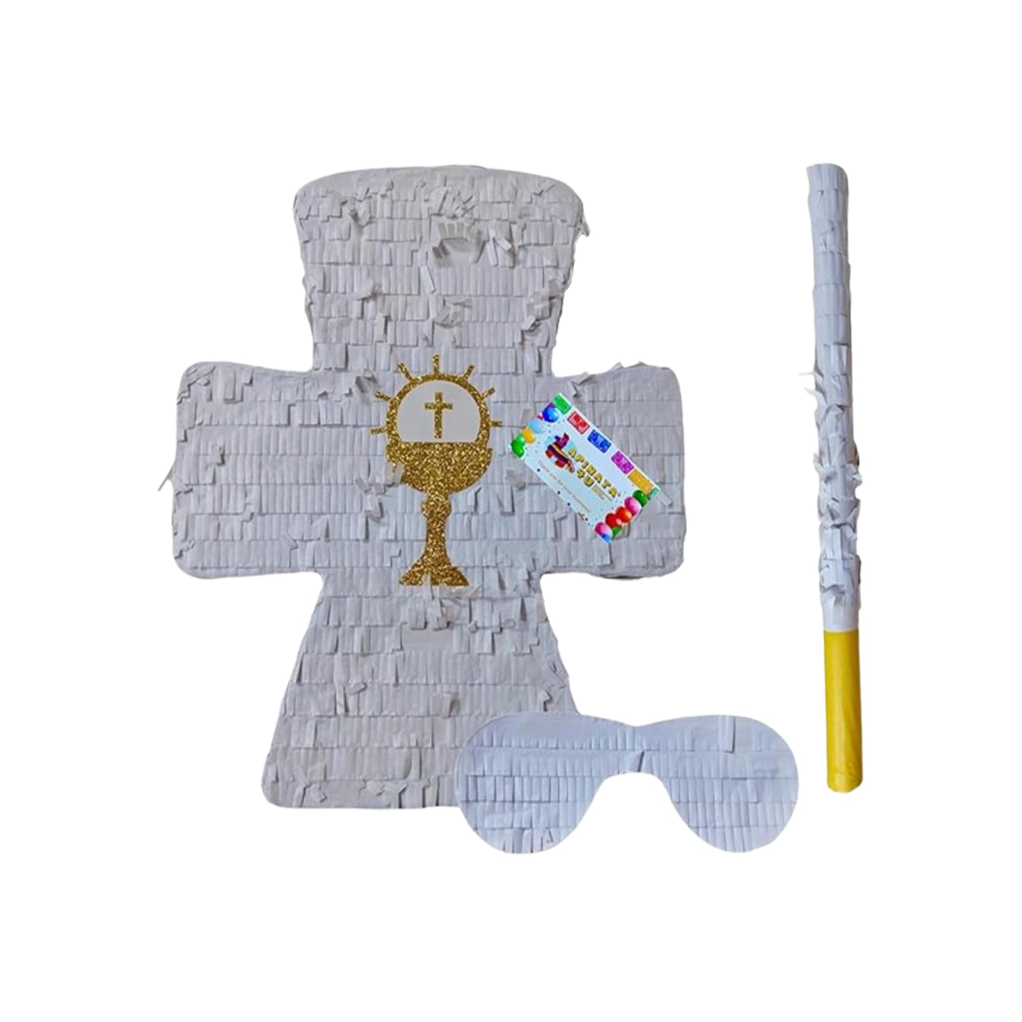 APINATA4U White Cross Pinata with Gold Chalice Accents (17.5x13.5x3.5 Inch) - Perfect for Baptism or First Communion Celebrations - Complete Kit with