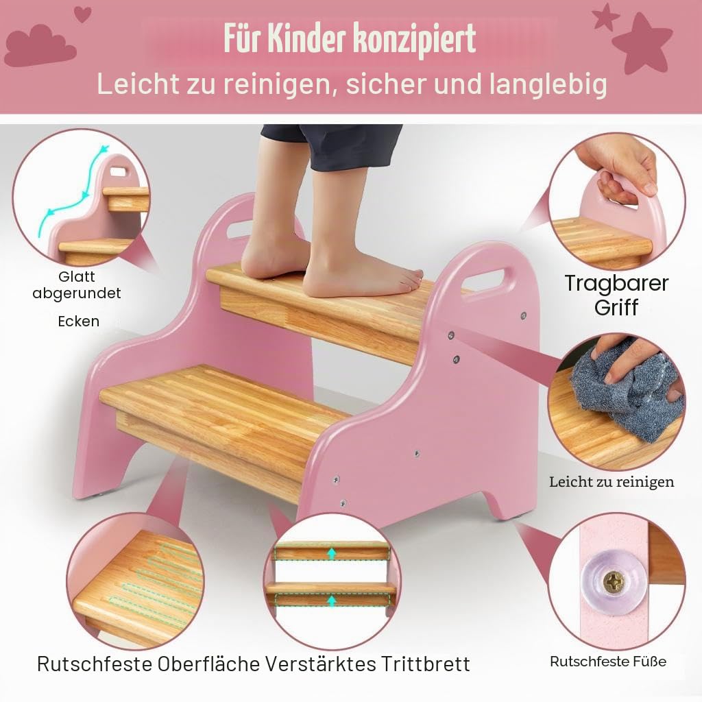 StrongTek Kinder-Trittbank 2 Stufen, Hocker aus Gummibaumholz, stabil & rutschfest, ideal für Bad, Küche und Zuhause, langlebig, leicht zu reinigen, Tritthocker für Kleinkinder