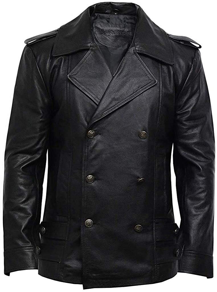 BRANDSLOCK Men Kriegsmarine Black German DR WHO WW2 UBoat Captains Reefer Genuine Hide Leather Jacket Coat (XS, Black)