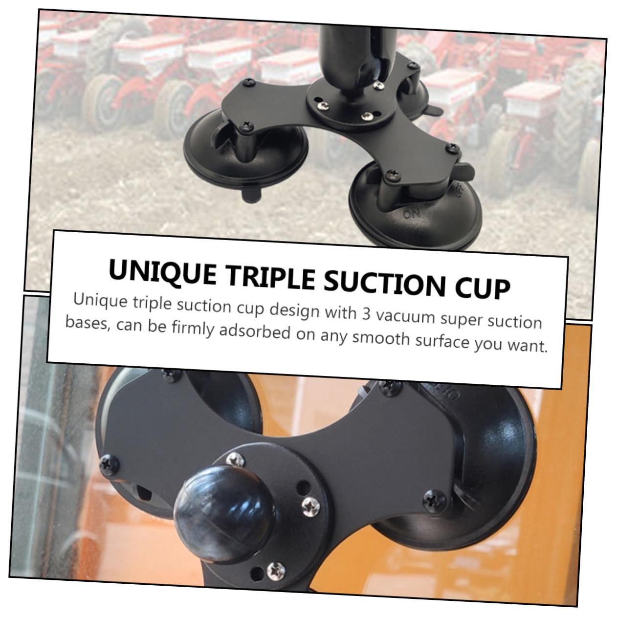 Uonlytech Soporte para Parabrisas Triple Ventosa y Rótula Giratoria | Negro, 3 Bases de Succión, Montaje Estable para Móviles y Navegadores, Desmontaje Sencillo