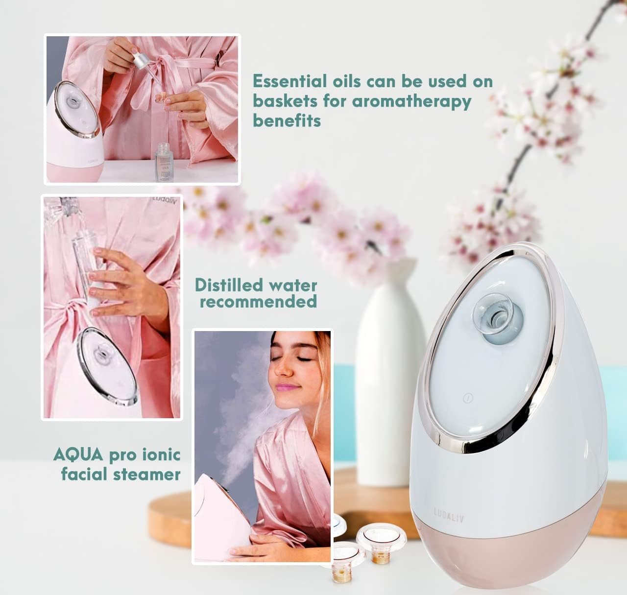 LUDALIV Face Steamer for Facial - Best Professional Nano Ionic Vapor Steamer for Deep Cleaning - Hot Mist Humidifier Machine for Face Sauna Spa Sinuses with 3 Essential Oil Baskets for Aromatherapy : Beauty & Personal Care