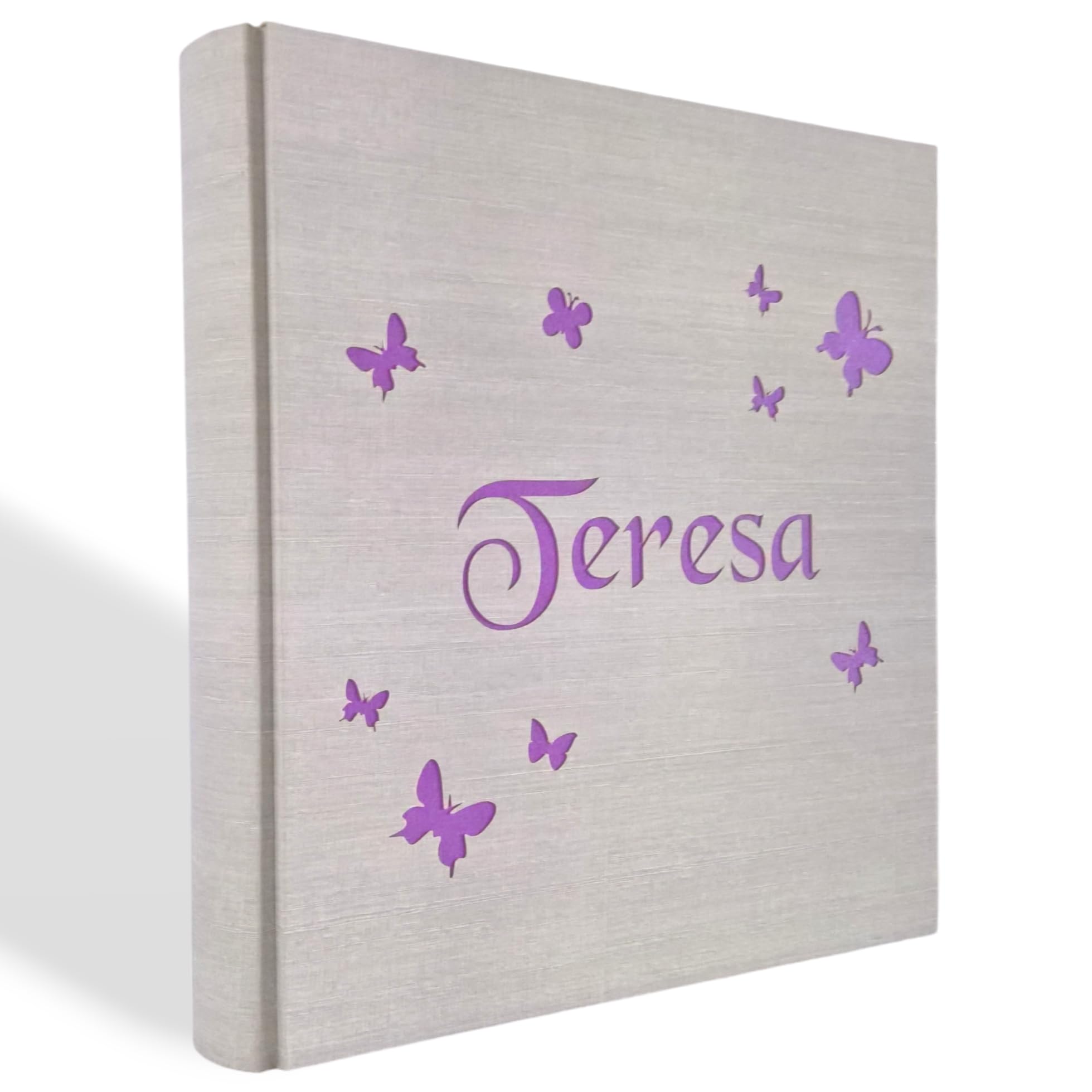 Album fotografico in TELA DI LINO FARFALLE con NOME BAMBINA INCISO E PERSONALIZZABILE A TUA SCELTA regalo originale NASCITA-BATTESIMO-COMPLEANNO-PRIMA COMUNIONE-CRESIMA COLORI PERSONALIZZABILI
