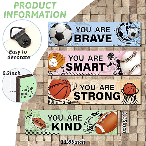 Geetery 4 Pcs Sport Bedroom Wall Decor Boys Room Decor for Kids Soccer Basketball Baseball Football Wall Art Inspirational Wooden Hanging Sign for Boys Girls Kids Nursery Playroom Kindergarten - Image 4