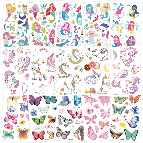 Tatouage Fille Paillettes, 150+ Paillette Tatouage Licorne + Sirène + Papillon, Etanche, Ephémères, Anniversaire d'enfant Cadeau