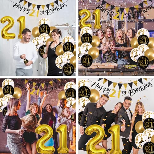 Image of Jobkoo 21st Birthday Decorations Him Her, Black Gold 21 Birthday Party Decor Golden Black 21st Balloons 21 Cake Topper Gold Happy 21st Banner for 21 Year Old Party Supplies