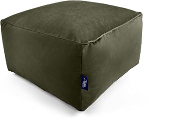 Littens Olive Green Square Footstool Bean Bag, Soft Luxury Velvet, Ottoman Pouffe, Living Room Decorative Low Seat, Piped Detailing 45cm x 45cm x 25cm