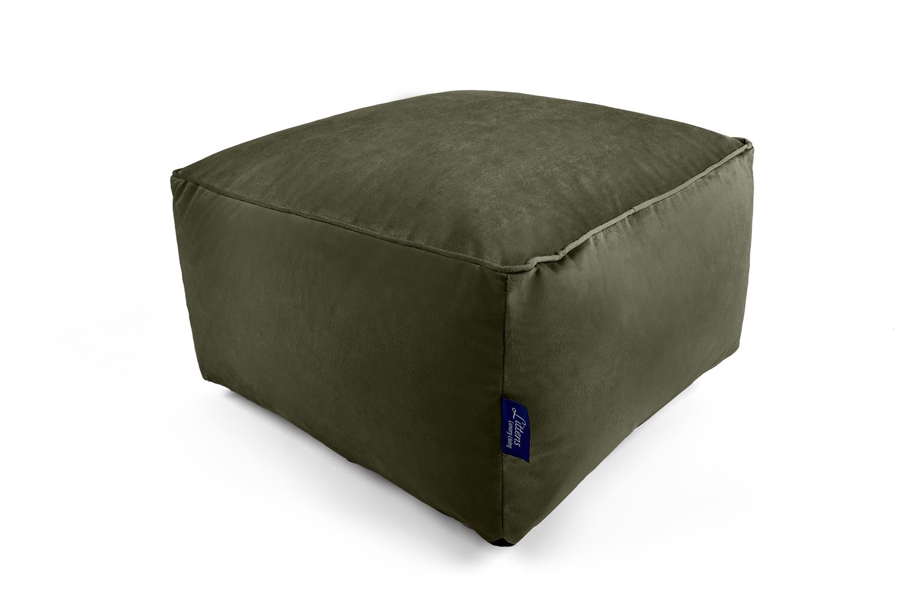 Littens Olive Green Square Footstool Bean Bag, Soft Luxury Velvet, Ottoman Pouffe, Living Room Decorative Low Seat, Piped Detailing (45cm x 45cm x 25cm)