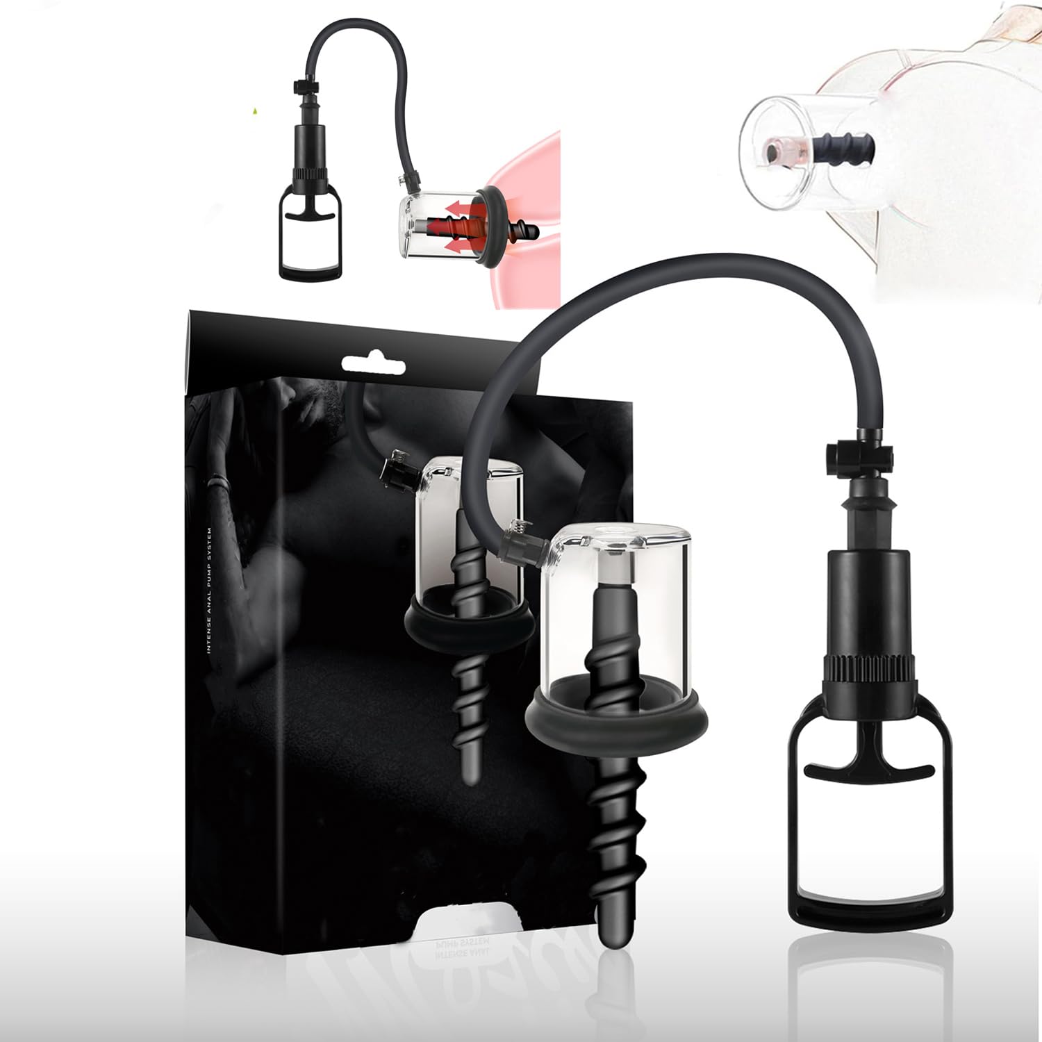 Set Anal Plug con Pompa a Vuoto in Silicone – Stimolatore Clitoride e Anale per Uomini e Donne (Nero, Spirale)