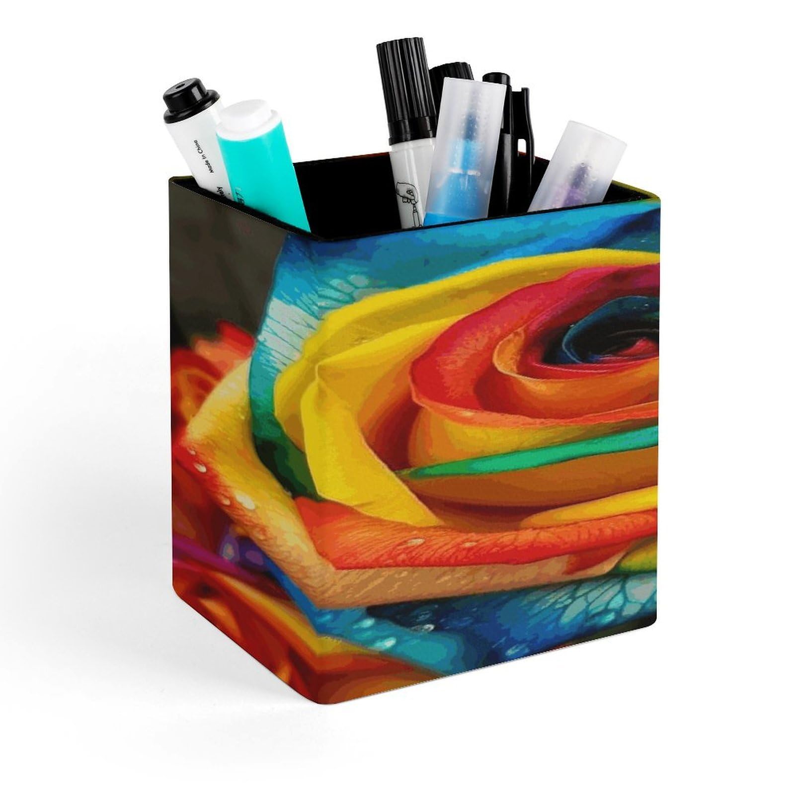 JTREHY - Rainbow Square Rose Pen Holder Makeup Brush Holder PU Leather Stationery Organizer Office Accessories Container Box