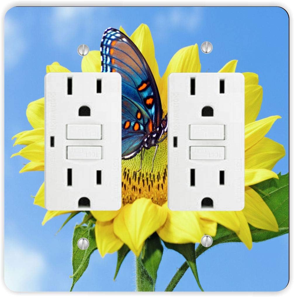 Beautiful Yellow Flower Sunny Skies with Blue Butterfly -Light Switch Plate Cover - Double GFI Double Rocker - Two Gang Switch Plate Cover Switch Plate Cover