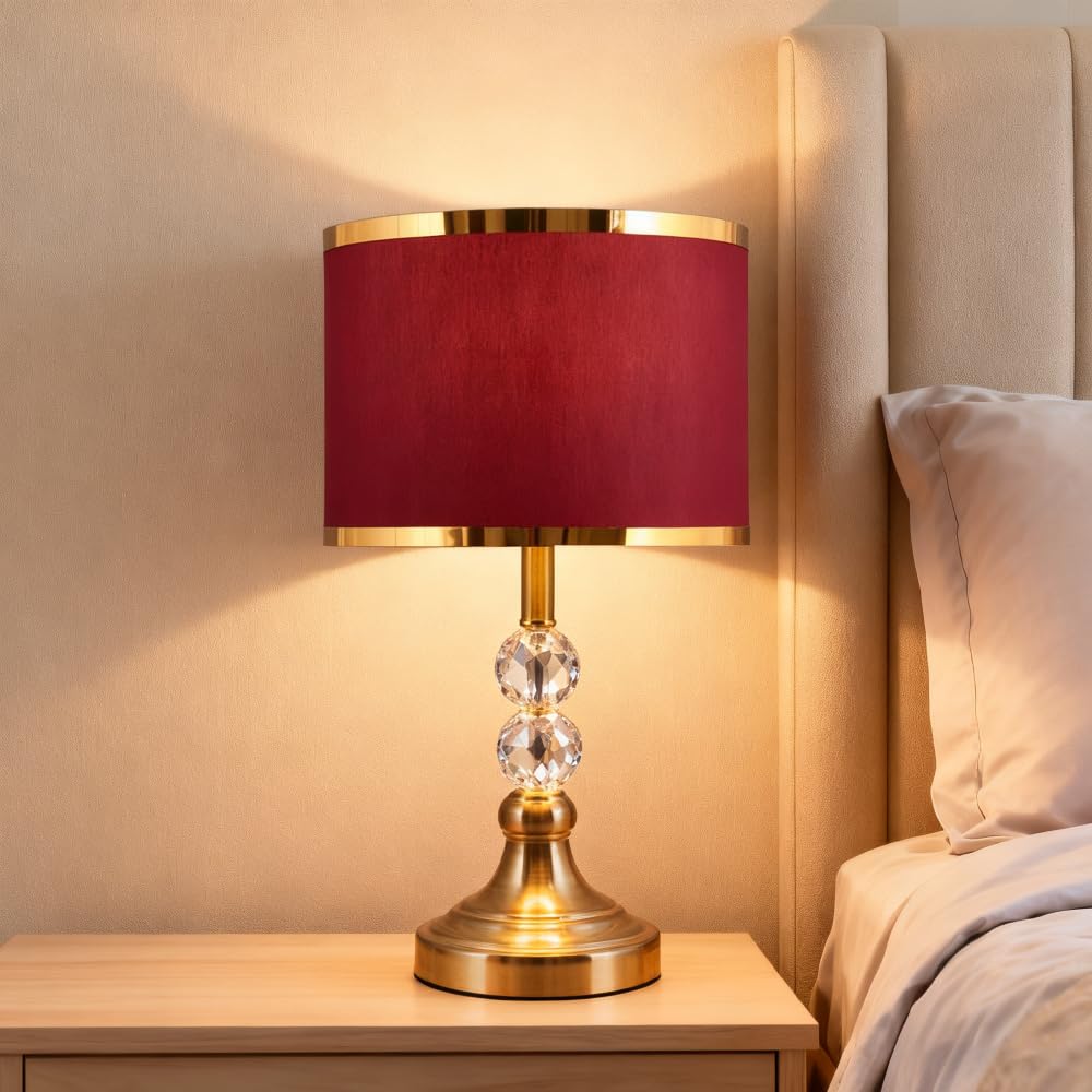 XINYASEE Lampada da comodino classica, paralume in tessuto e corpo in cristallo, E27, lampada da tavolo, soggiorno e camera da letto, rosso, oro (Rosso)