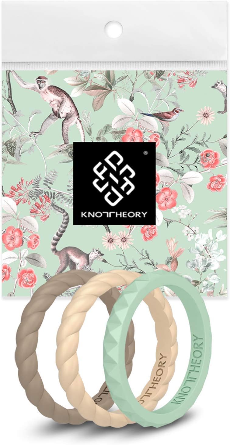 Knot Theory Stackable Silicone Wedding Rings for Women – Thin Pyramid Braided Twist Band Pack Sets in Rose Gold Silver Pink Purple Turquoise White for Her - Wife Gift from Husband