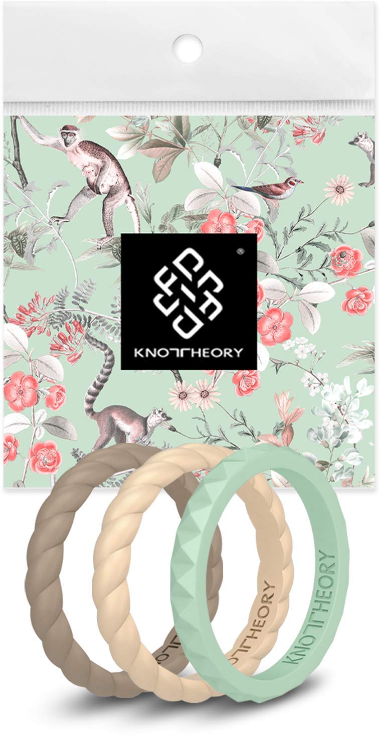 Knot Theory Stackable Silicone Wedding Rings for Women – Thin Pyramid Braided Twist Band Pack Sets in Rose Gold Silver Pink Purple Turquoise White for Her - Wife Gift from Husband
