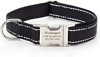 Personalized Dog Collar Reflective, Custom with Pet Name Phone Number Address, Adjustable Sizes (XS S M L XL) (Black)