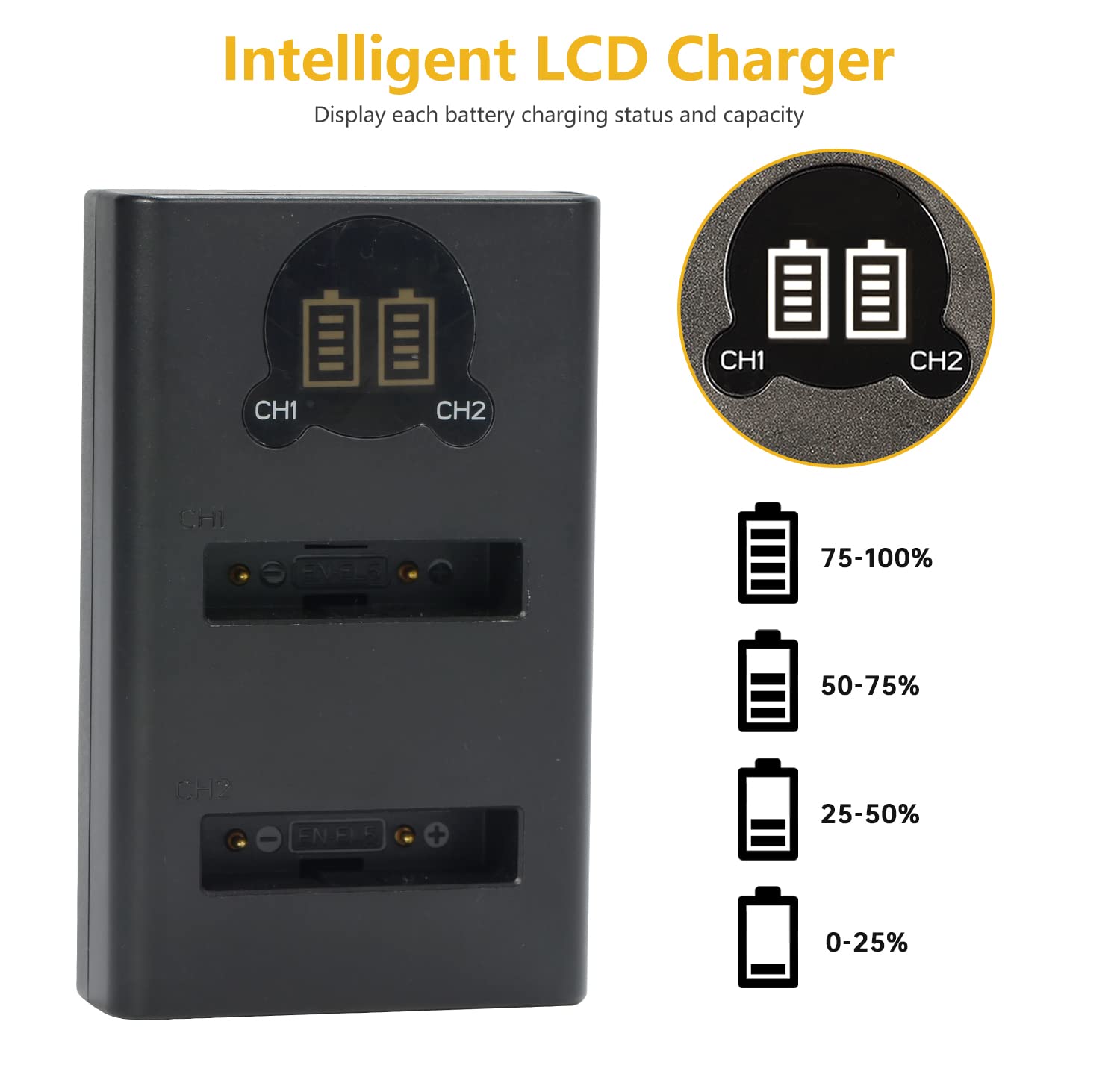2 Batterie EN-EL5 1700mAh + Caricatore USB Duale Con LCD Per Nikon Coolpix P510 P520 P80 P90