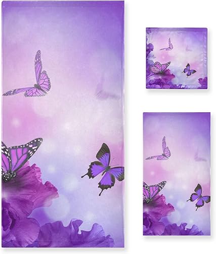 Moudou Juego de 3 toallas decorativas de mariposa morada, absorbentes y suaves, con toalla de mano y toallita para baño, hotel, cocina, gimnasio y