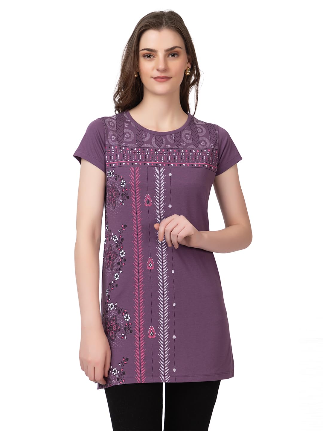 Star Touch Women Printed Cotton Tshirt with Side Slits & Pocket