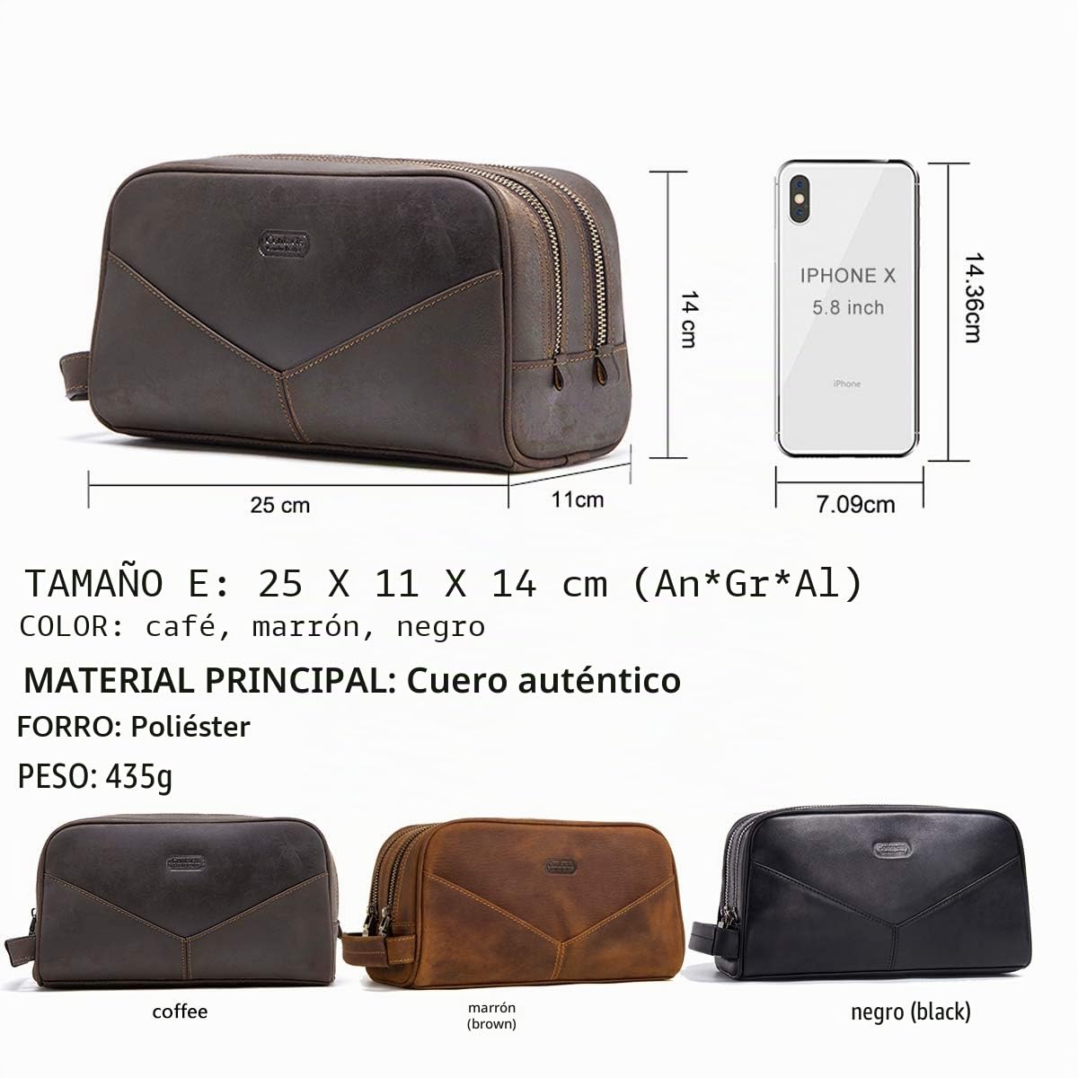 Contacts Hombre Estuche de Aseo de Cuero de Vaca para Viaje de Negocios con Gran Capacidad y Doble Cremallera