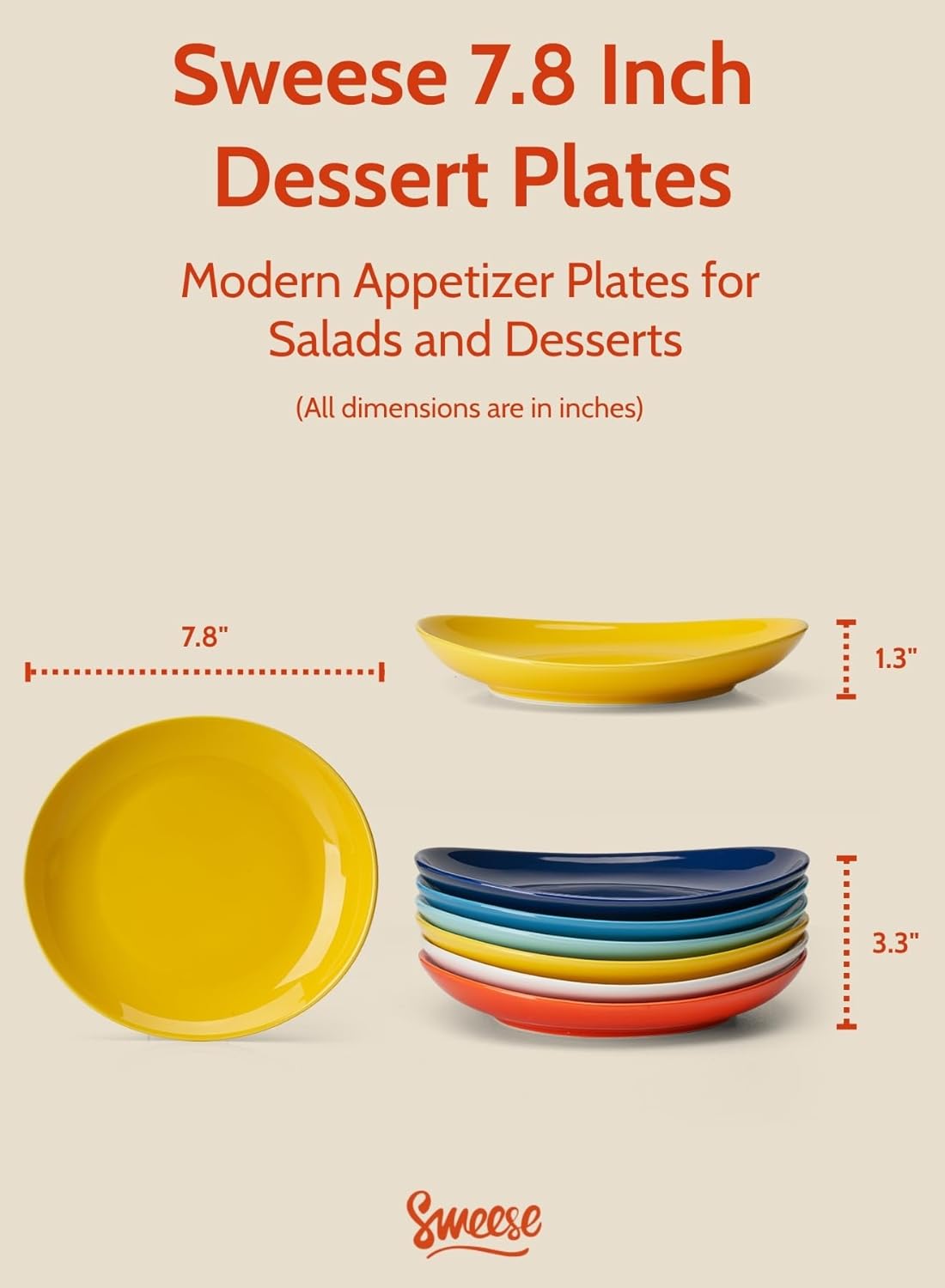 Sweese 7.8 Inch Porcelain Dessert Plates Set of 6 - Dishwasher, Microwave, Oven Safe, Chip-Resistant - Rainbow Palette - Image 2