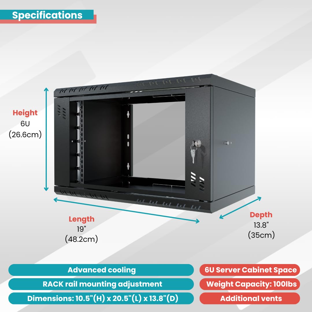 Armoire Réseau 19 Pouces - Baie Informatique 6U - Baie de Brassage pour Montage Mural - Capacité de Charge 40 kg - Profondeur 350 mm - Armoire Informatique - Noir