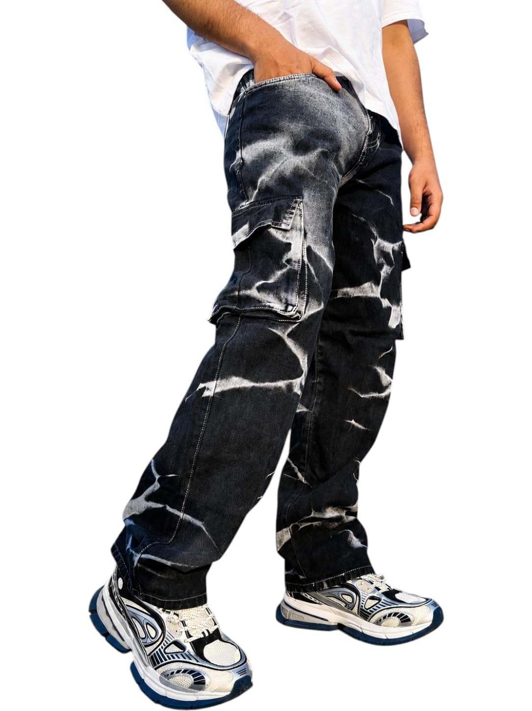 Buy Men's Cargo Jeans, Black Tie-Dye Wash, Relaxed Fit with Multi