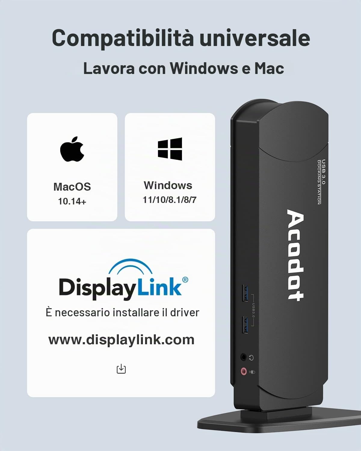 Acodot Docking station USB 3.0 13 in 1 per Windows, doppio monitor HDMI/DVI/VGA, 6 x USB 3.0, Gigabit Ethernet, ingresso/uscita audio, display singolo 1440p o doppio display 1080p, adattatori